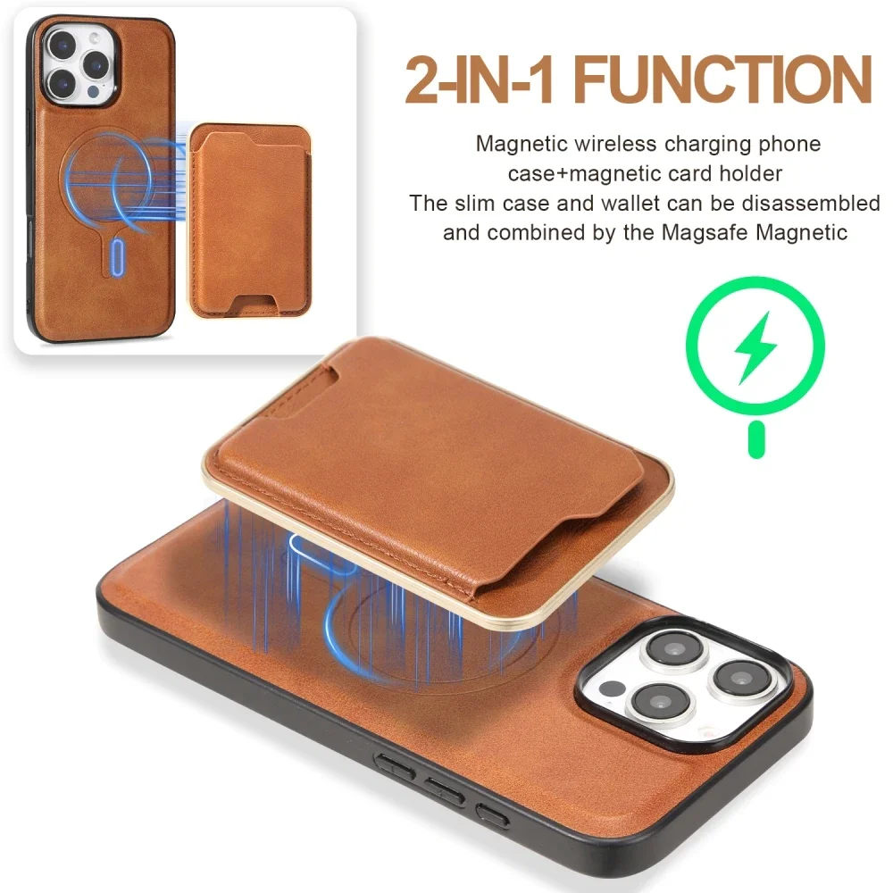 حافظة هاتف جلدية مغناطيسية خلفية لهاتف آيفون 16e 15 Pro Max 14 Plus 13 12 Pro مع غطاء بطاقة محمول قابل للإزالة