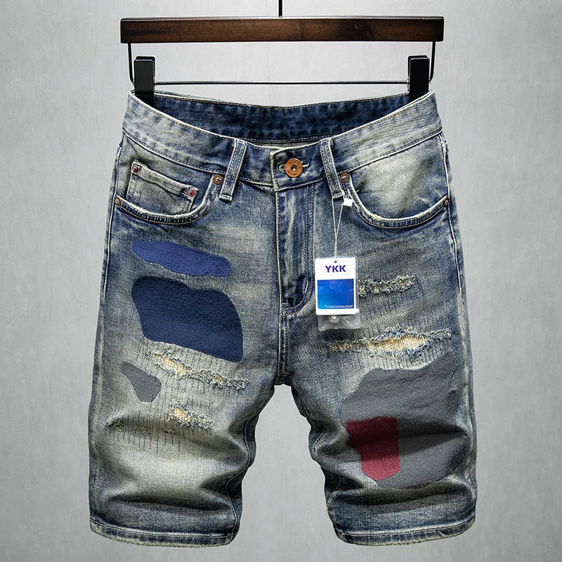 

Newly Summer Designer Fashion Men Jeans Retro Blue Elastic Stretch Patched Vintage Ripped Short Jeans Hip Hop Denim Shorts Men