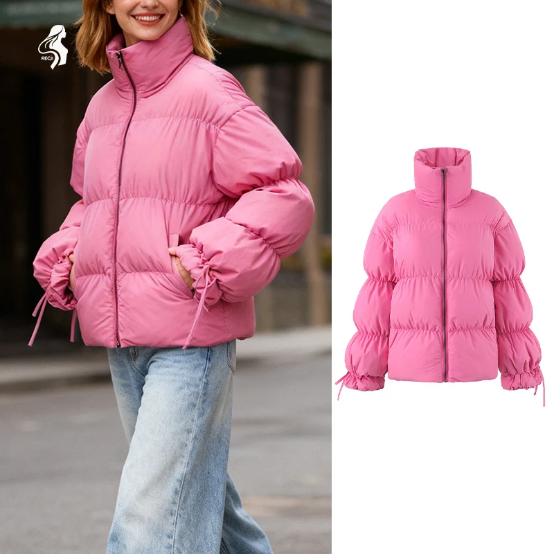 

Stand Collar Puff Sleeve Cotton Jacket Short Waist Cinching Warm Top French Style Niche High End Autumn And Winter Piece