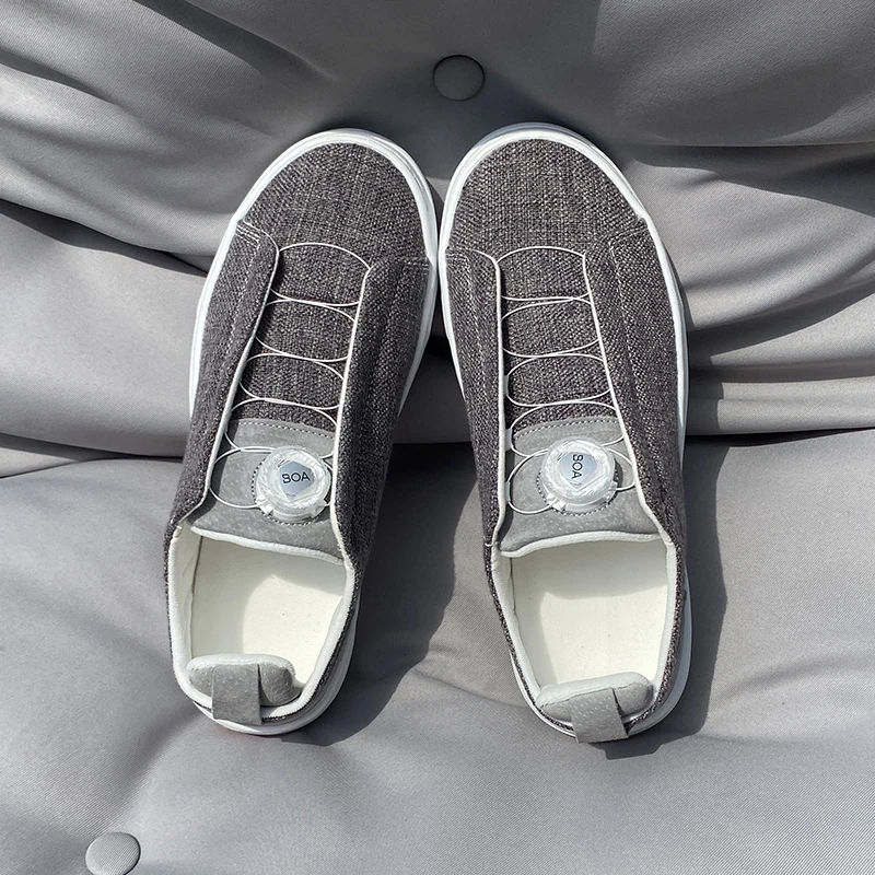 Large size dark gray linen pattern BOA knob lazy board shoes without tie, one foot casual canvas shoes, wide foot friendly commu