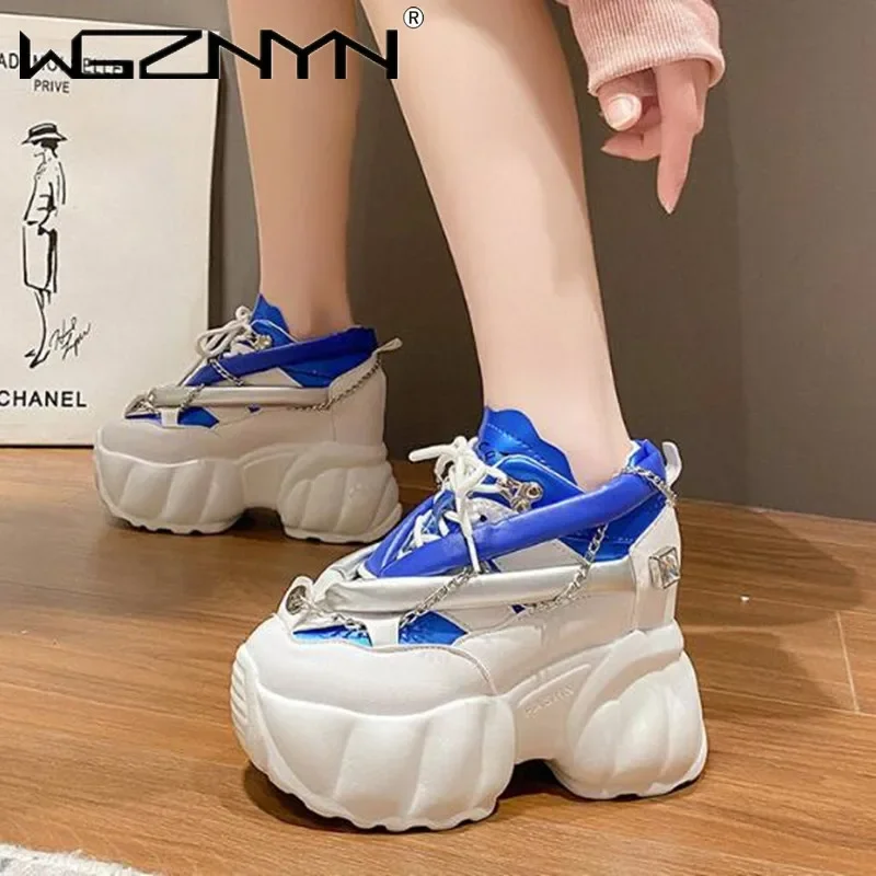 Autumn New hick Sole Casual Dad Shoes Breathable Leather Chunky Sneakers Lace-up 10CM High Platform Sports Shoes Zapatos Muje