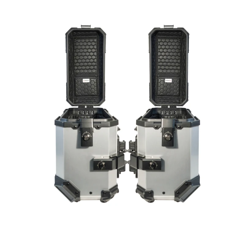 

36L Motorcycle Side Case - Straight Type with Black Cover & Silver Color, Bull Horn Design Aluminum Alloy