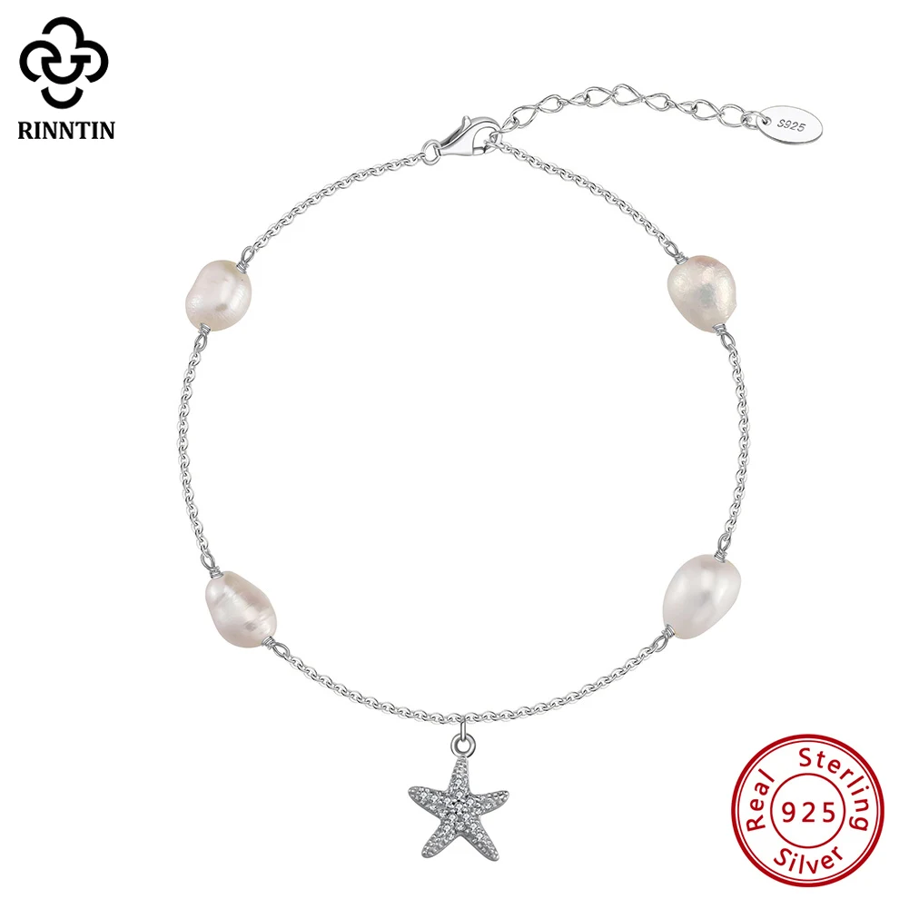 

Rinntin Genuine 925 Sterling Silver Natural Pearls Chain Anklets for Women with Cute Starfish Ankle Straps Jewelry SA74