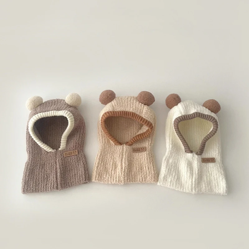 Baby Hood One Piece Scarf Cap Winter Warm Knitted Ear Protection Balaclava Hat Solid Color Windproof Infant Headgear Bonnet