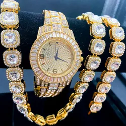 3 pezzi Iced Out Watch bracciale collane per uomo donna coppia orologio in oro catene a maglie Bling Bling Set di gioielli per uomo donna orologi