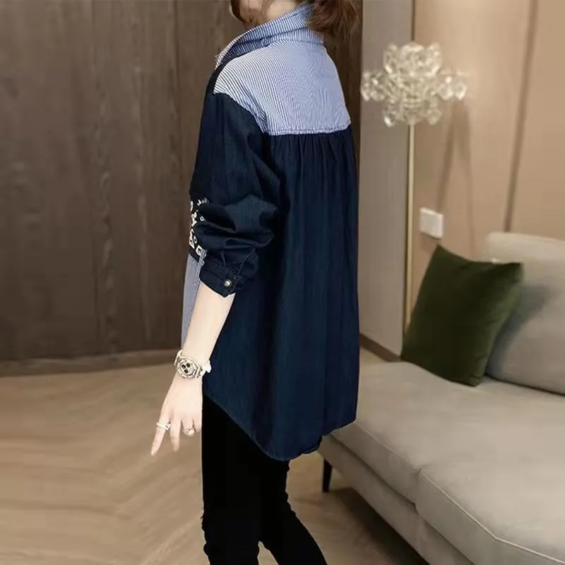 Thin Mid-length Shirt Female Spring Summer  Long Sleeve Small Shirt Color Patchwork Personality Imitation Denim Shirt High-end