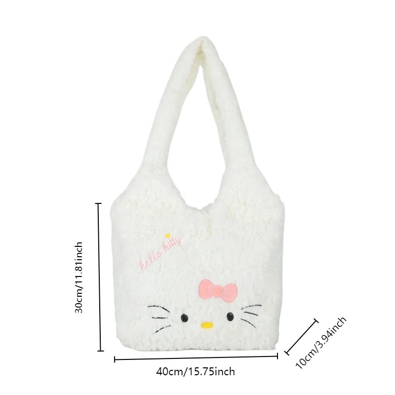 Cute Hello Kitty Large Capacity Plush Fluffy Shoulder Bag for Women, Sweet and Cute Zipper Plush Tote Bag for Commuting