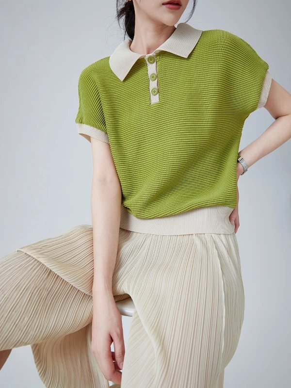 

Miyake 2025 Summer New Pleated Women's Versatile Loose and Thin Button Lapel Short-sleeved T-shirt Color Matching Casual Fashion
