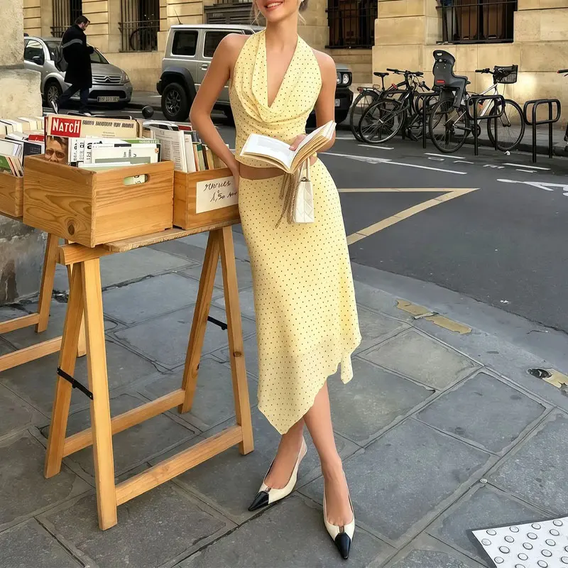 

Women Pale Yellow Polka Dot 2 Piece Outfit Halter Draped Neck Crop Top Asymmetrical Midi Skirts Fashion Irregular Matching Sets