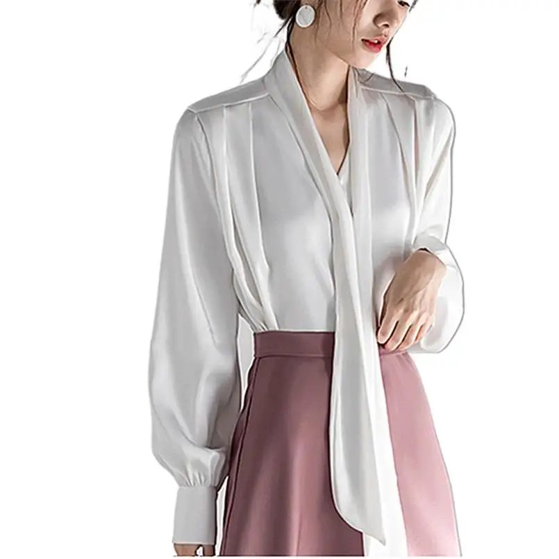 Spring Satin Shirts Vintage Glossy Tops Premium Bow V-Neck Blouses white Blusas  blusas femininas elegantes estilo coreano