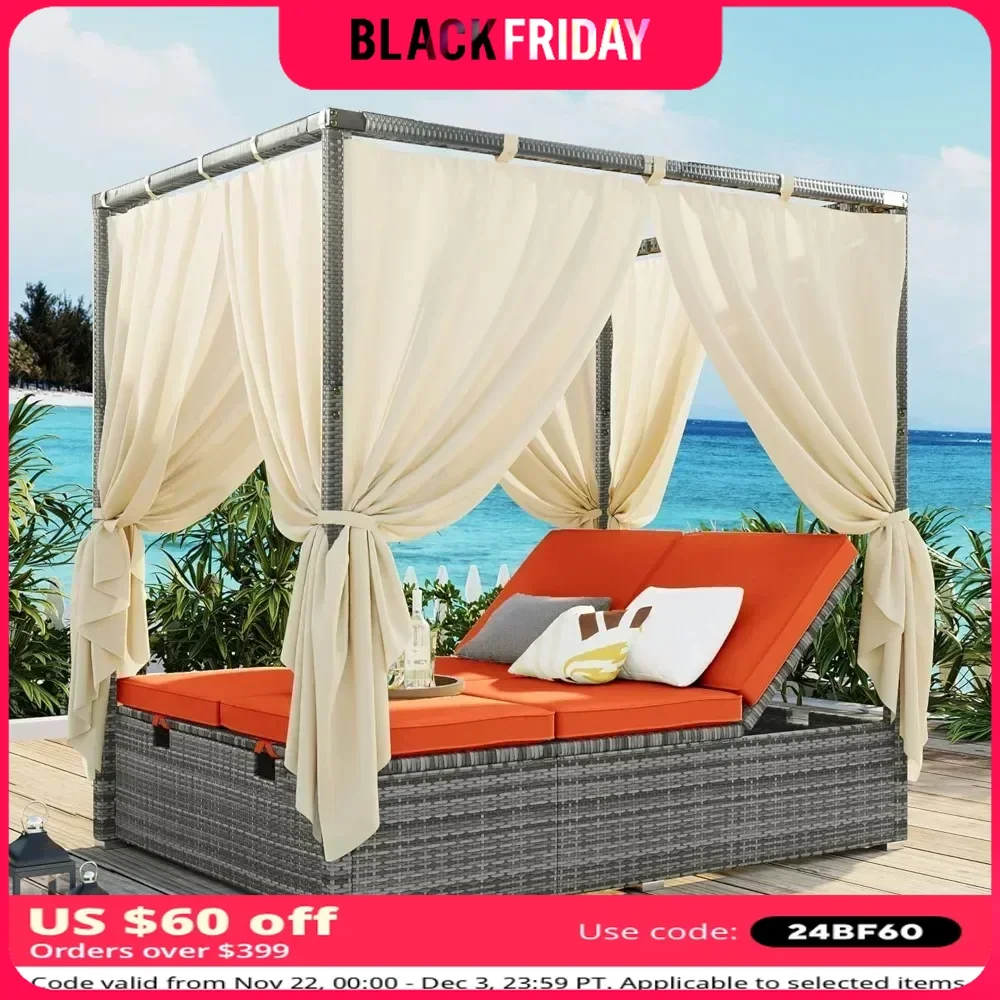 Outdoor Daybed Patio Furniture Adjustable Sunbed Set All-Weather Rattan Sun Lounger Patio Wicker Sofa