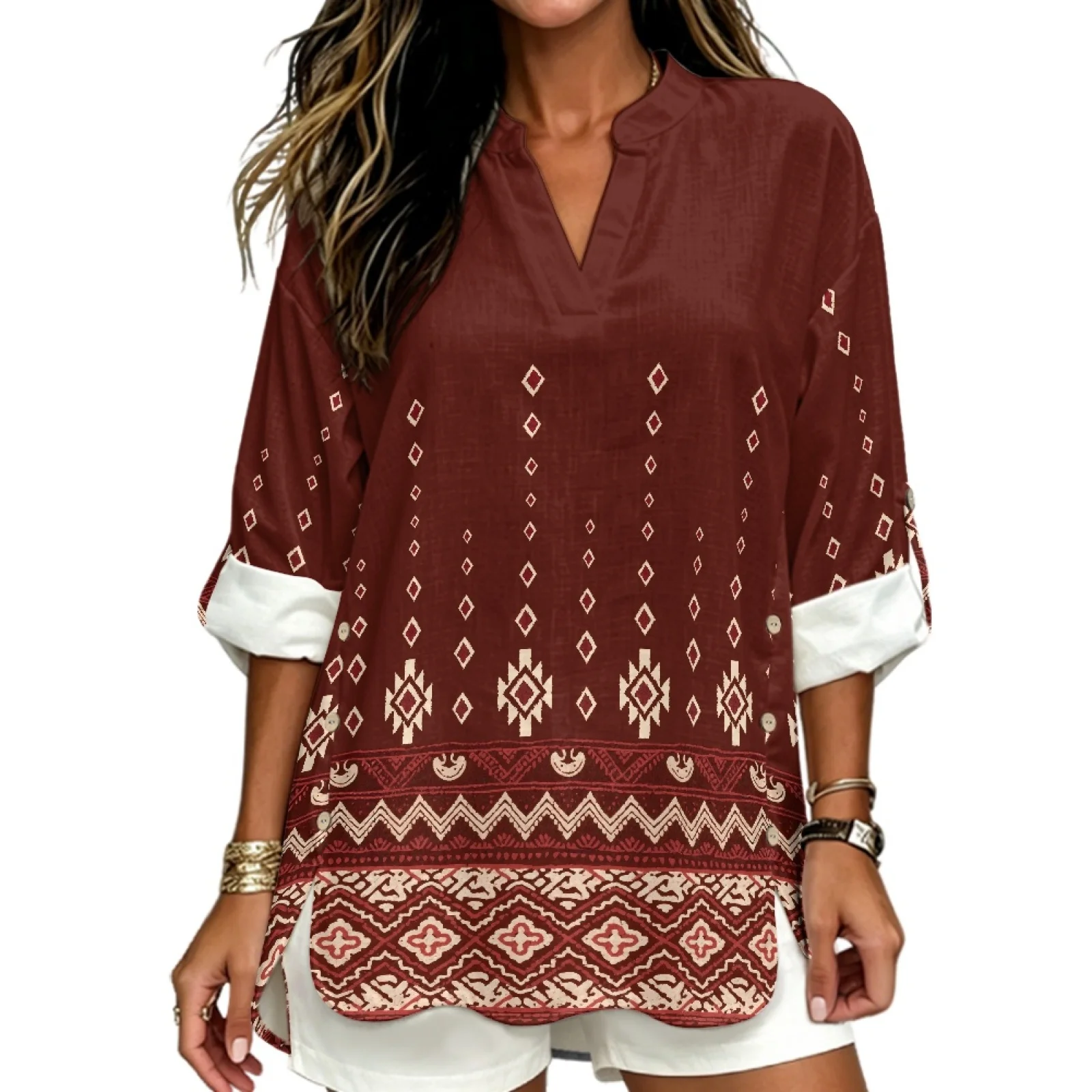 PENSTROLL Print Linen Like V Neck Blouses Long Sleeve Blouses for Women Roll-Up Tunic Tops