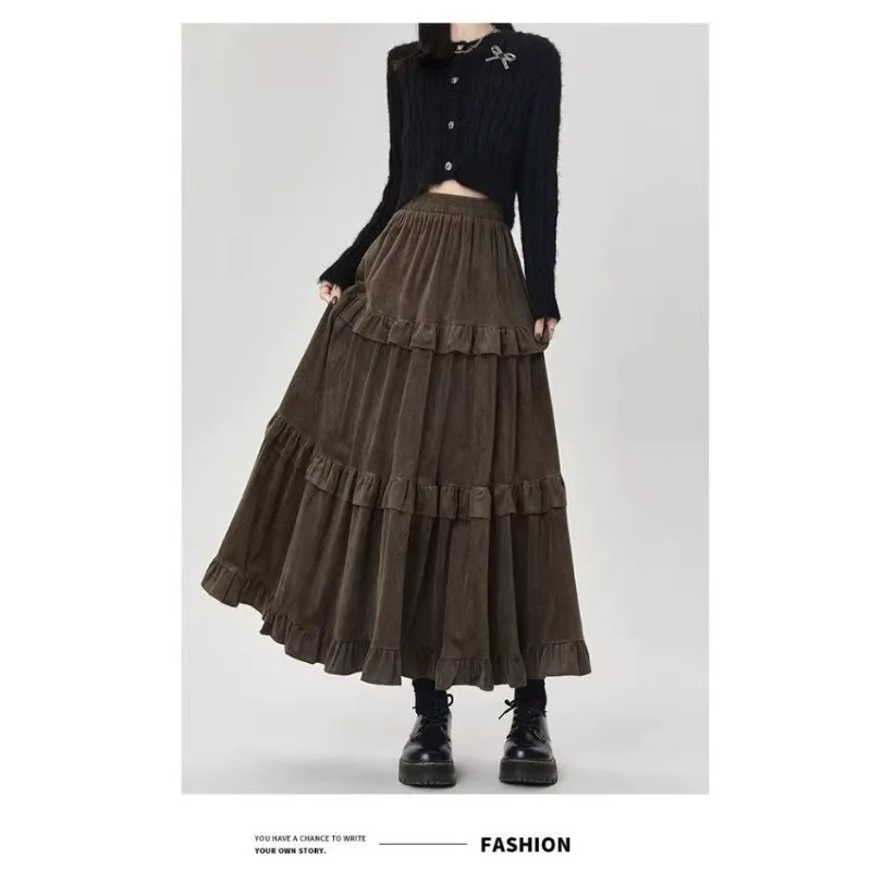 Nieuwe herfst- en winterstijl A-lijn middellange getextureerde fluwelen taartrok met hoge taille voor dames