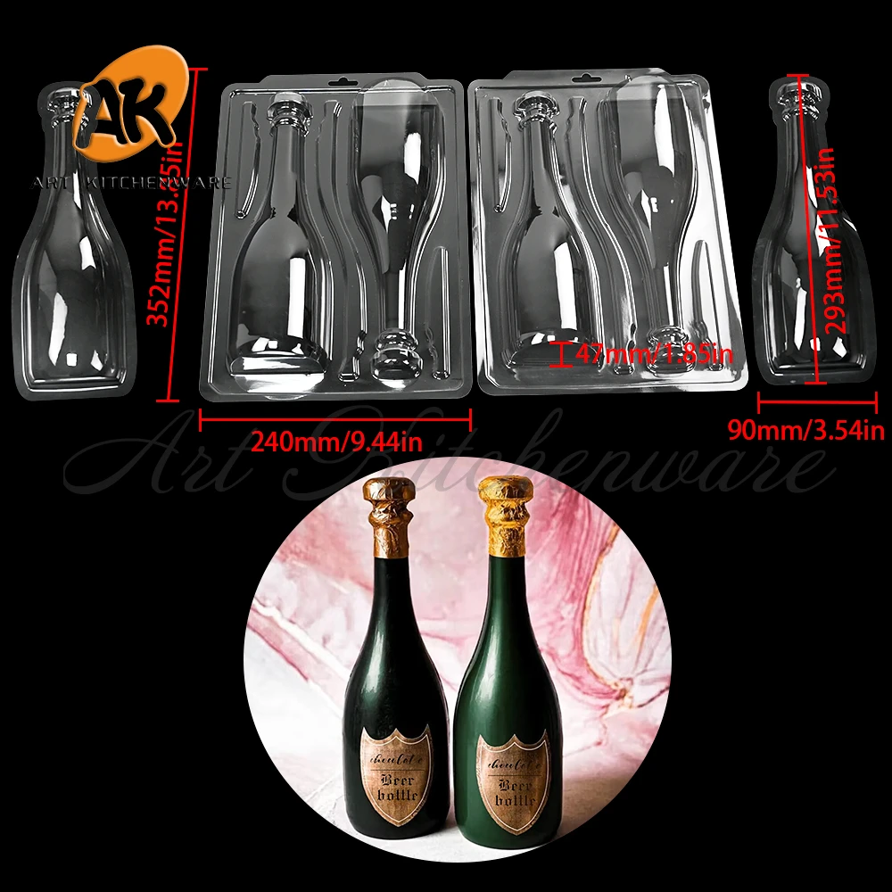 Large Champagne Bottle Chocolate Mold 3 Part Piece 3D Mold Smash Breakable Bottle DIY Candy Mold