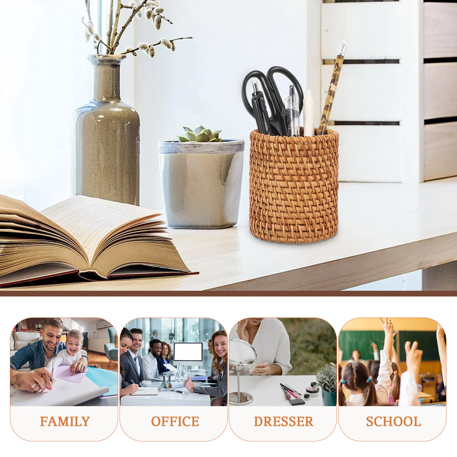 

Rattan Pencil Holder Large Capacity Desktop Organizer For Makeup Brushes Pens Natural Woven Stationery Storage Bucket