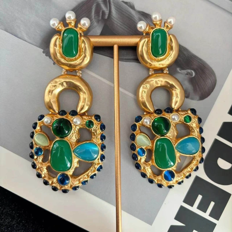 

Europe Luxury Blue Green Glazed Gemstone Pearl Retro Gold Earrings Woman Vintage Jewelry