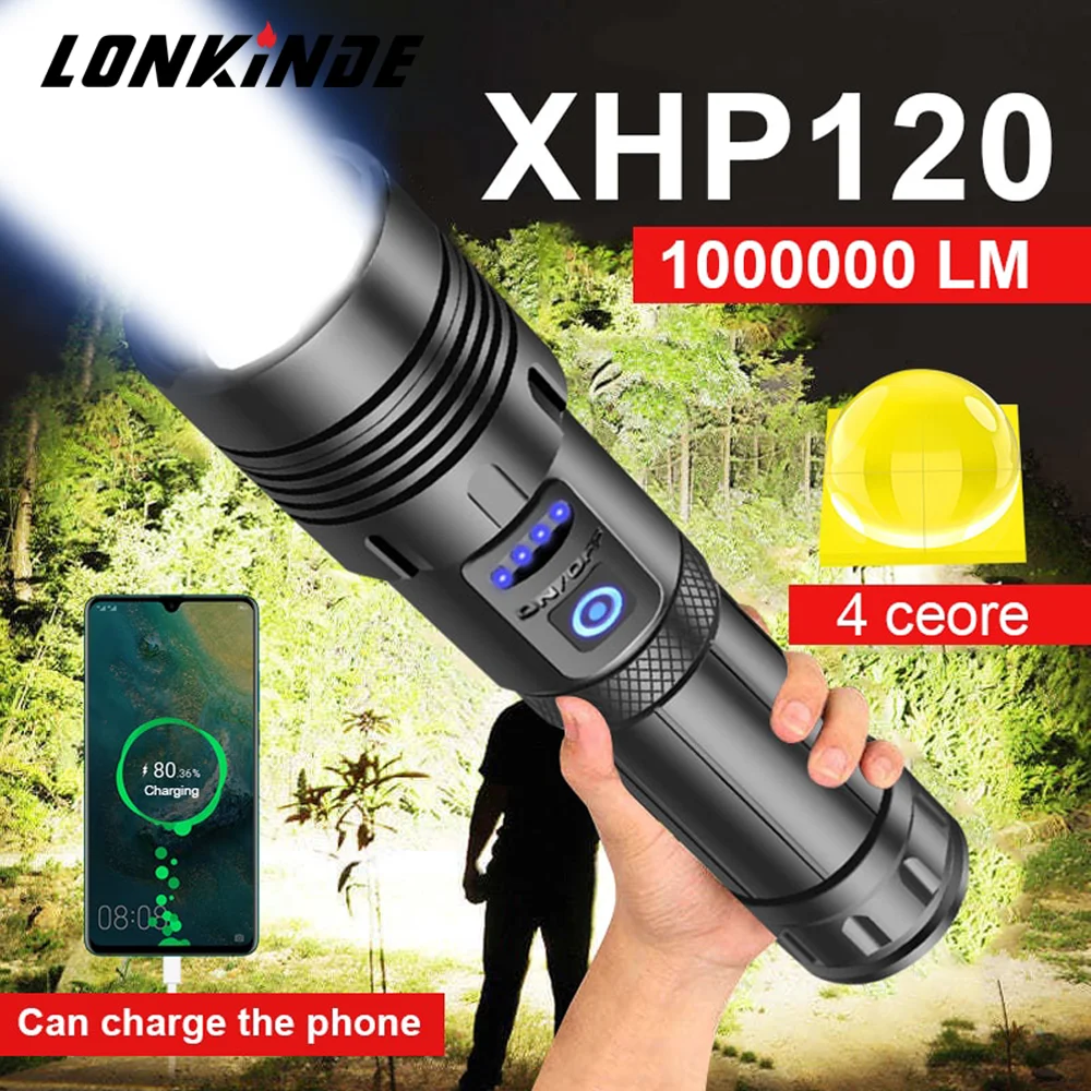 고출력 USB 충전식 LED 손전등, 캠핑, 야외 및 비상용, 4 코어 XHP70 토치 줌 USB 핸드 랜턴, XHP120