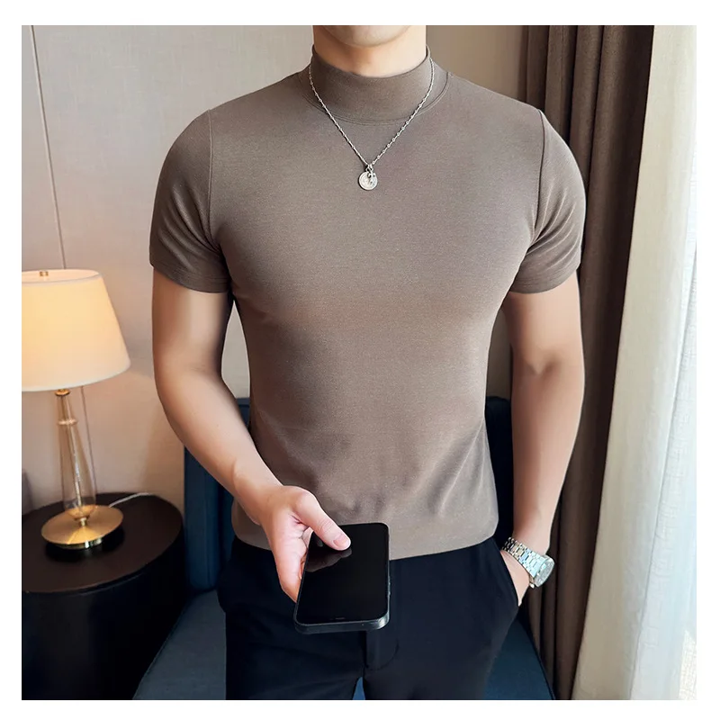 Autumn Half High Neck Elastic T-shirt Slim Fit Starry Sky Short Sleeved Tshirts Cotton Casual Business Tee Tops Men Clothing