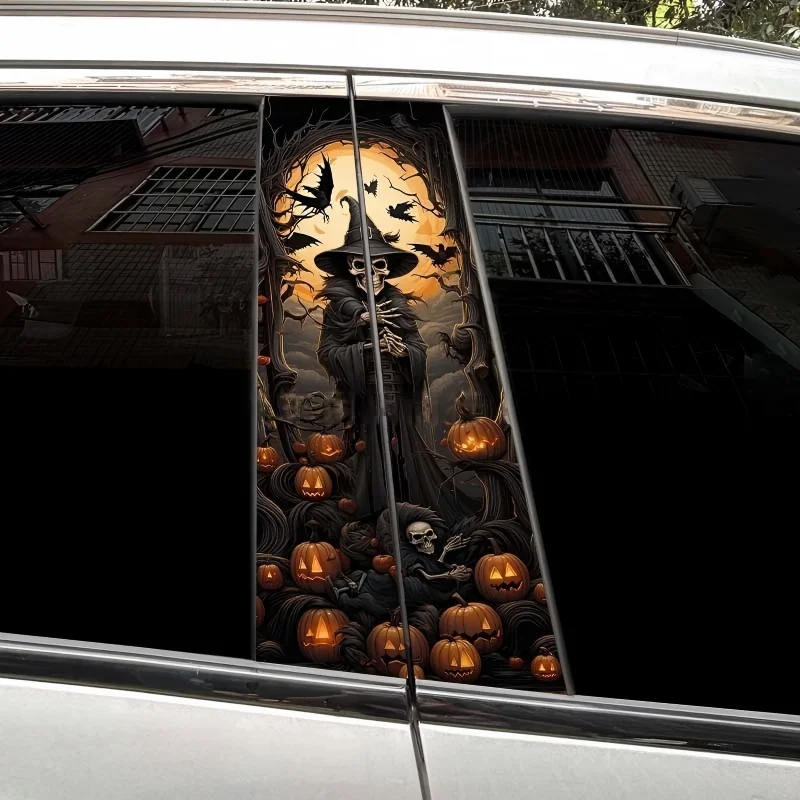 YITAPE 2Pcs Halloween Pumpkin Car A B Pillar Stickers Waterproof Vinyl Auto Center Pillar Decals Sunscreen Horror Party Decor
