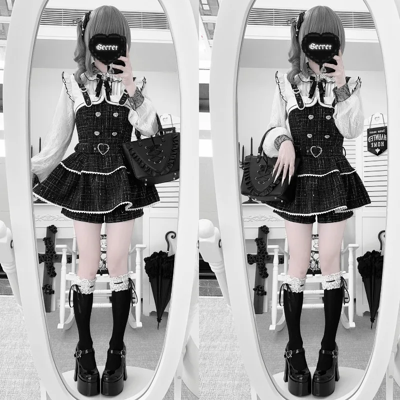 Japoński styl, koronkowa, urocza, czarna sukienka na ramiączkach w kratę z szortami, zestaw 2-częściowy Rojita, słodkie ubrania Y2k, nowy jesienno-zimowy komplet z długim rękawem.