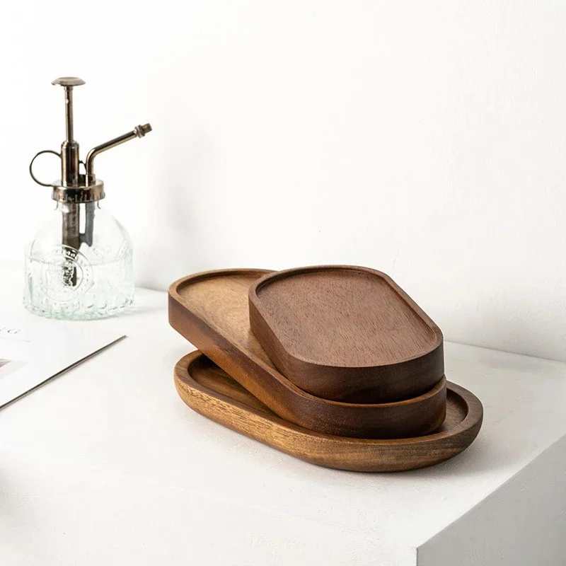 Solid Wood Japanese Serving Platter, Round Rectangular Wooden Tray for Tea Cup, Fruit, Bread, Snack & Dessert Serving