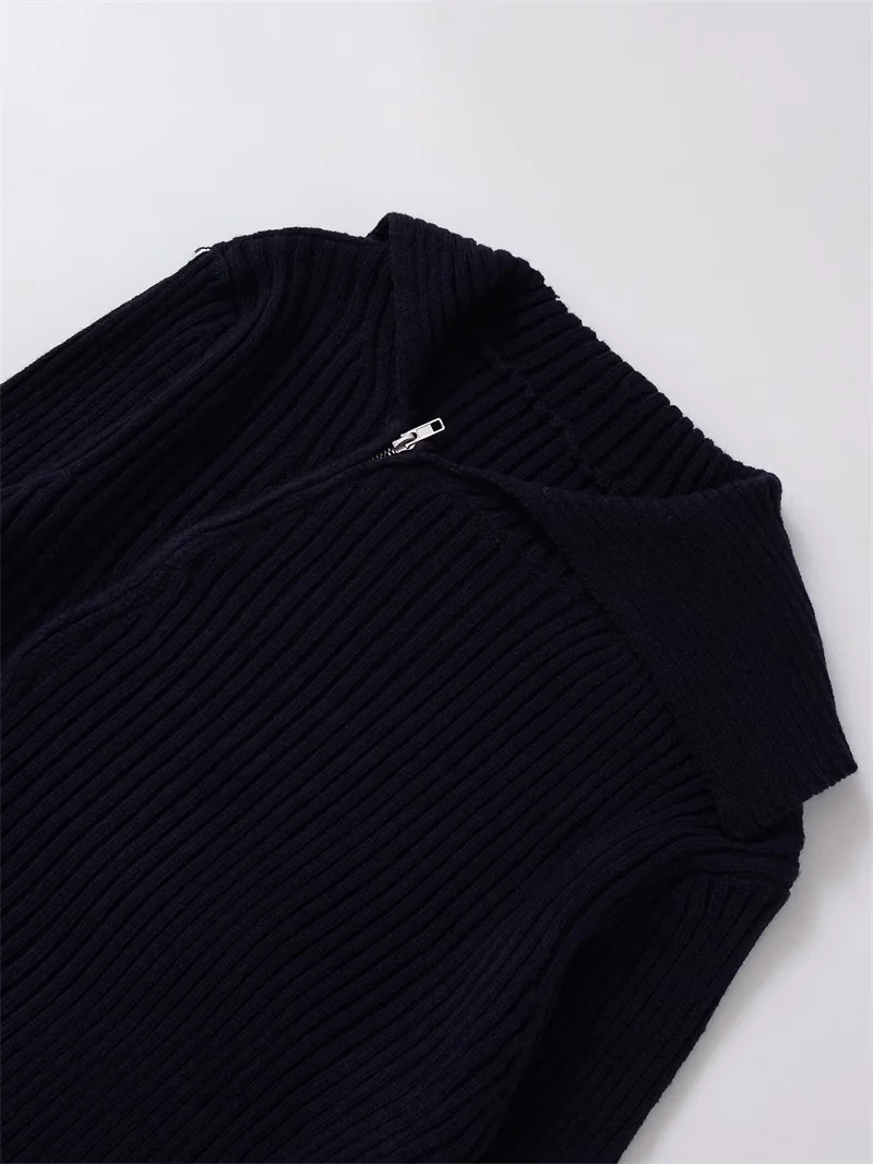 Damen-Strickjacke, Herbst 2022, neuer Stil, dunkelblau, langärmelig, asymmetrischer Reißverschluss, Strickjacke, Jacke, lässig, modisch, vielseitig