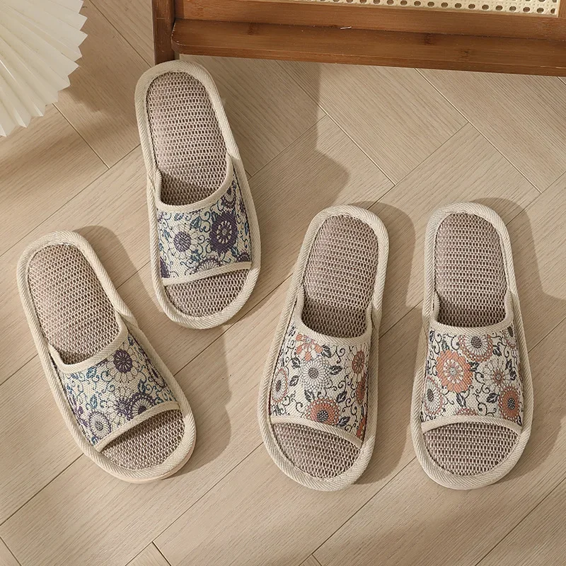 جديد الصيف داخلي القطن الكتان زلة مقاومة الأزواج بلاط الأرضيات فتح الفم النعال المنزل الأزرق والأبيض الخزف خفيفة الوزن