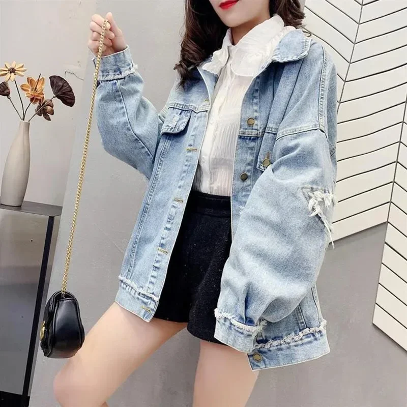 Fall Denim Wash Frayedcoat Women Long Slleve Jean Jasje 2023 Nieuwe Bf-Stijl Casual Losse Spijkerjassen Soild Oversized Bovenkleding