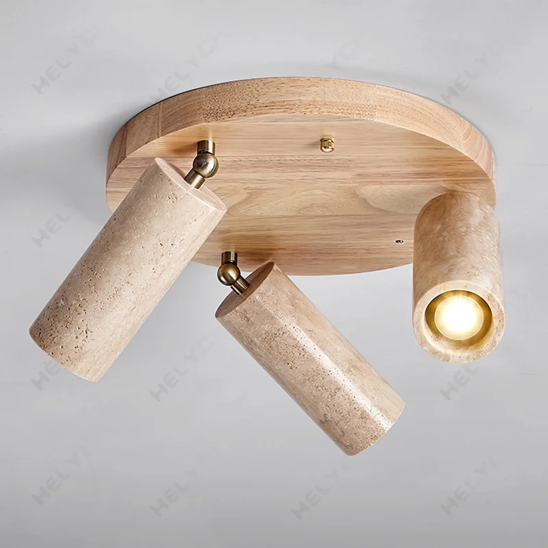 Nordic Living Room Coffee Aisle Ceiling Lamp  Wardrobe Clothing Travertine Marble Solid Wood 3 Heads Cylindrical Spotlight