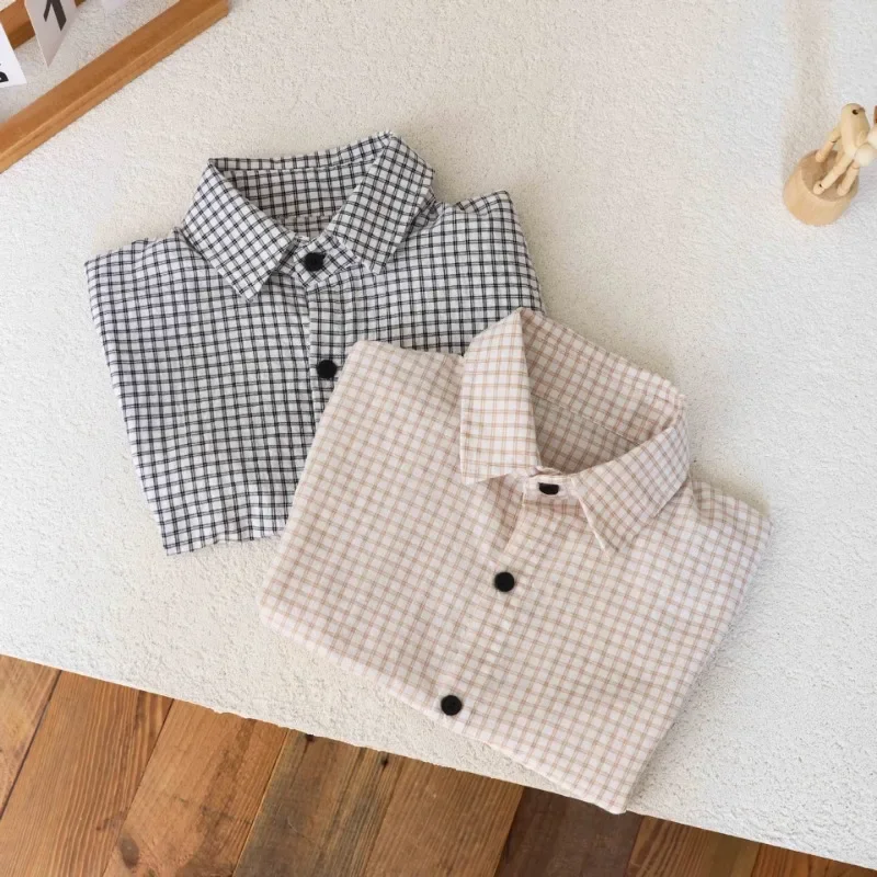 Children Summer Boys Plaid Shirts 2025 New Kids Turn-down Collar Short Sleeve Shirt Boys' Cotton Casual Tops