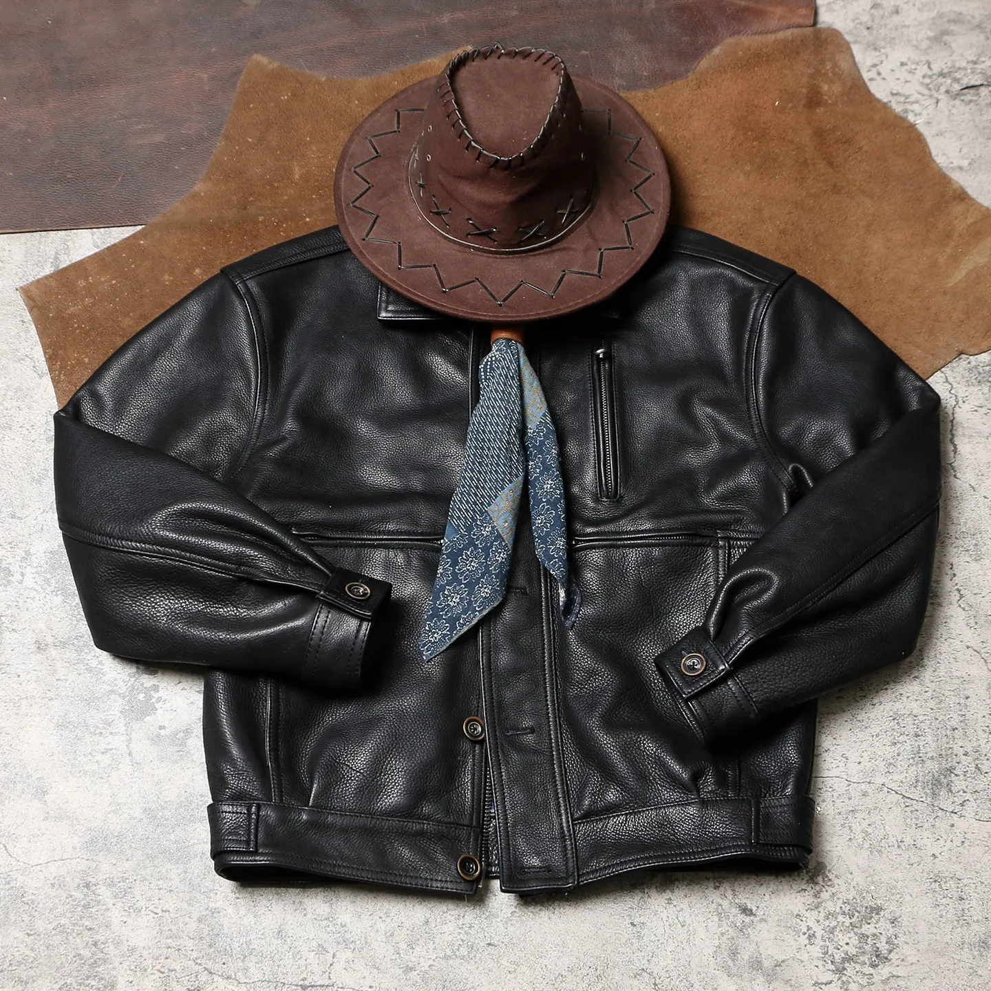 Vintage Unisex Short Workwear Genuine Leather Jacket Hong Kong Style Relaxed Fit Unfinished Thick Soft Cowhide Coat