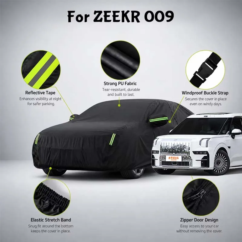 For ZEEKR 009 Waterproof Full Car Cover Side Door Zipper Reflective Strips Windproof Buckle All-Weather Protection