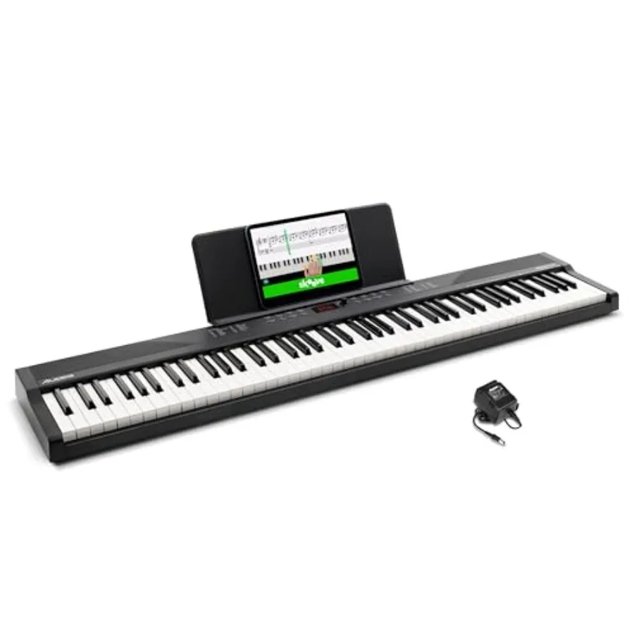 

Beginner piano keyboard with 88 weighted keys, 480 sounds, built-in speakers, USB MIDI, sheet music tablet rest, power adapter,