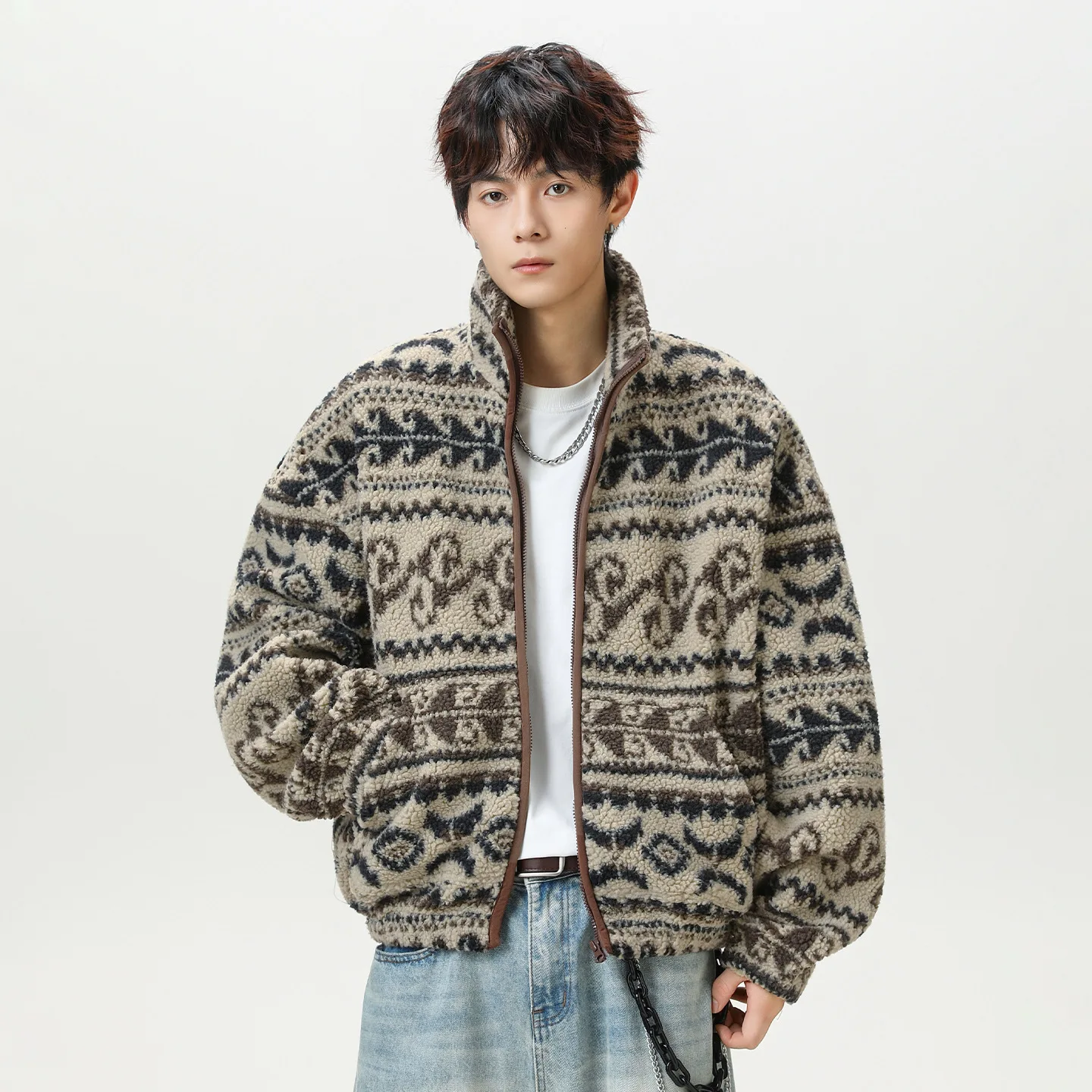 Autumn Winter Men's Ethnic Pattern Fleece Jacket Heavy Texture Short Wide Silhouette Warm Retro Casual Outerwear