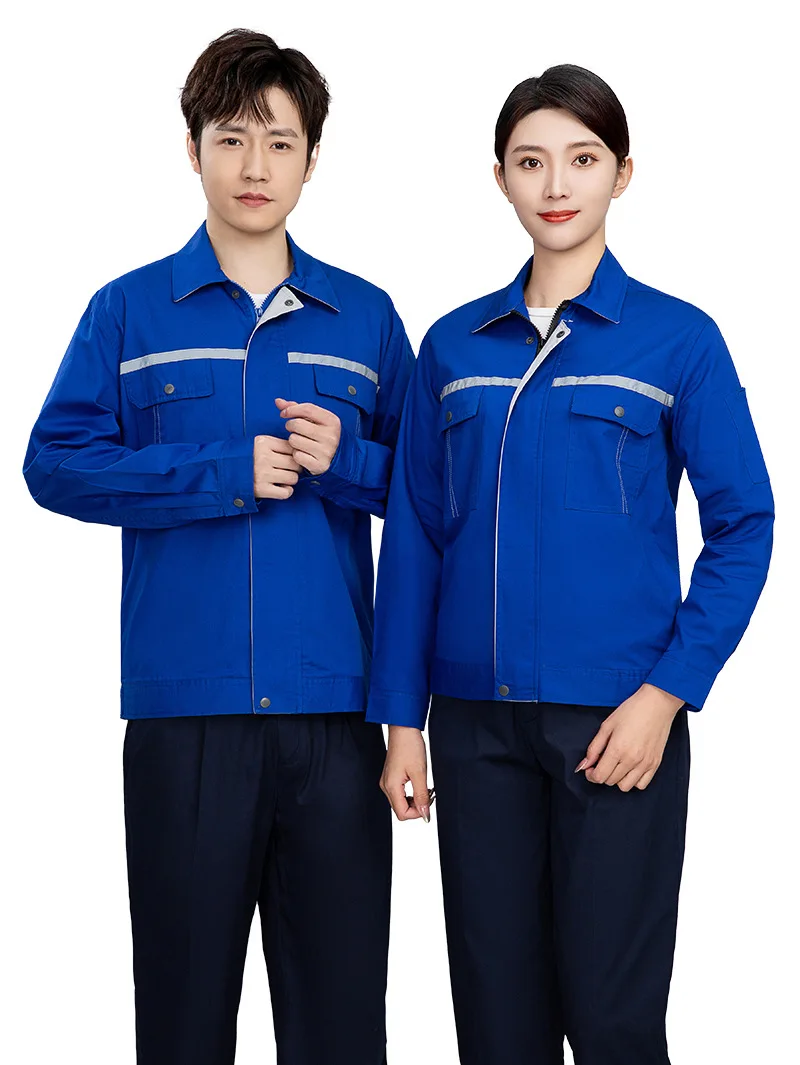 

Summer Pure Cotton Worker Clothing Set Jacket Trousers Plain Color Reflective Stripe Working Uniforms Factory Workshop Coverall