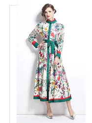 Runway 2025 Spring Flower Maxi Dress Shirt Women's Autumn Fashion Palace Style Single Breasted Full Sleeve Printed Long Dresses