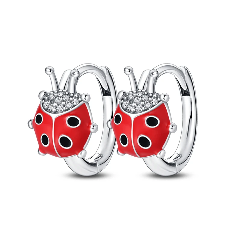 

Women Hoop Earrings Original 925 Sterling Silver Classic Red Ladybug Earrings Fine Birthday Jewelry Gifts