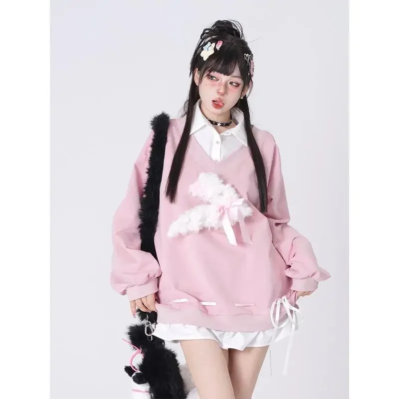 New Casual Loose Pink Hoodies Women All Match Plush Rabbit V-neck Sweatshirt Y2k Aesthetic Korean Fashion Harajuku