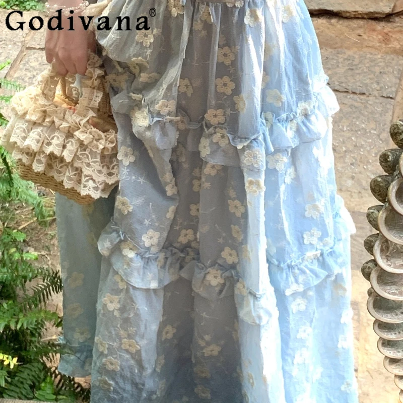 Beach Vacation Custom Embroidered Dress Women Summer New High Waist Long Dress Female Japanese Style Floral Print Dress