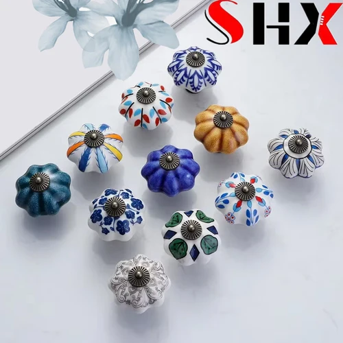 Imagen 2 del producto Manija de cerámica de calabaza americana para jardín, manija de cerámica pintada a mano de un solo orificio, manija para muebles, puerta de gabinete, cajón, 40MM