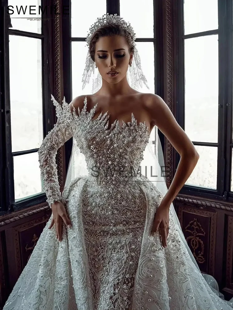 

SWEMILE 2025 Luxury Pearls Wedding Dress With Detachable Train Dubai Arabia Long Sleeve Beaded Lace Bridal Gown Vestido De Novia