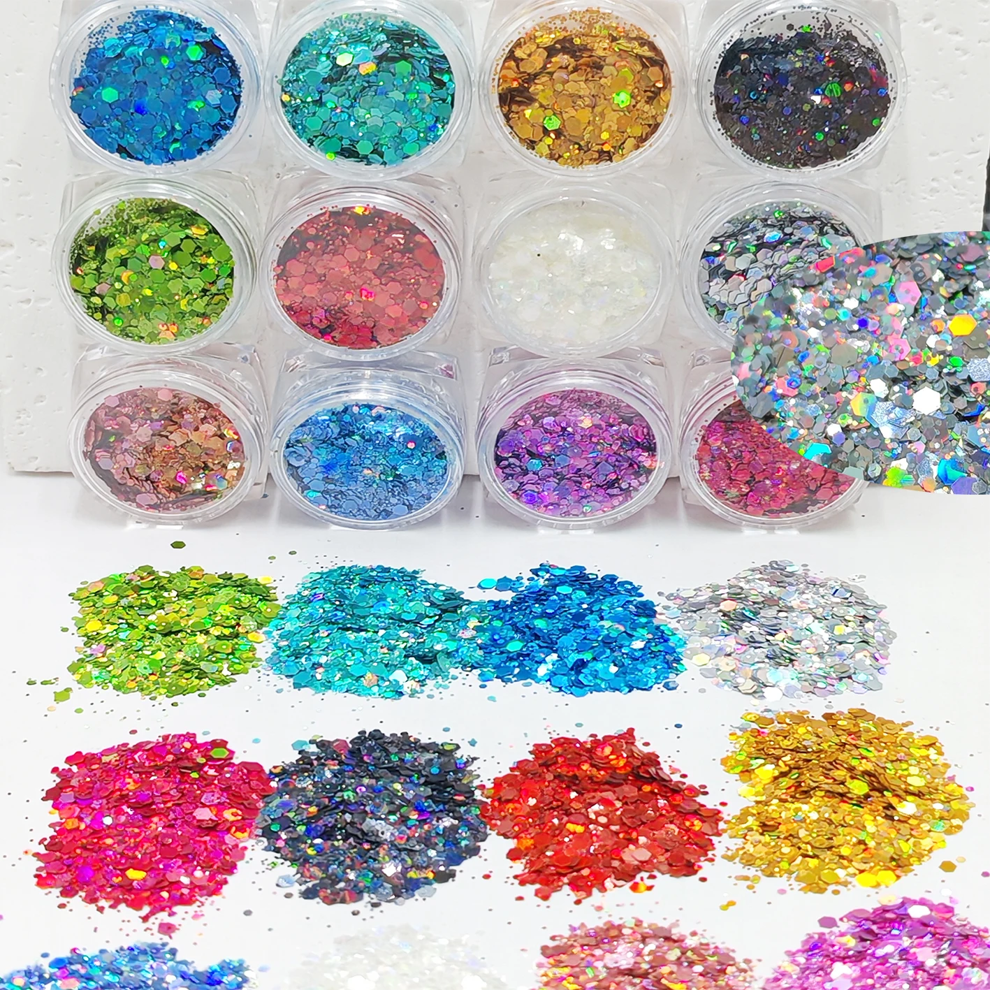 Holographic Laser Chunky Glitter Mix Flakes,SET of 12Colors Hexagon Glitter Sequins for Nail Art,Makeup,Body,Craft,Slime,Tumbler