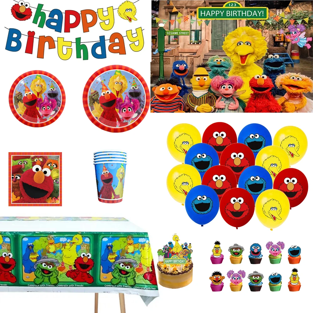 Sesame Street Theme Birthday Party Decor Tableware Banner Balloon Cake Topper Backdrop Boys and Girls Baby Shower Party Supplies