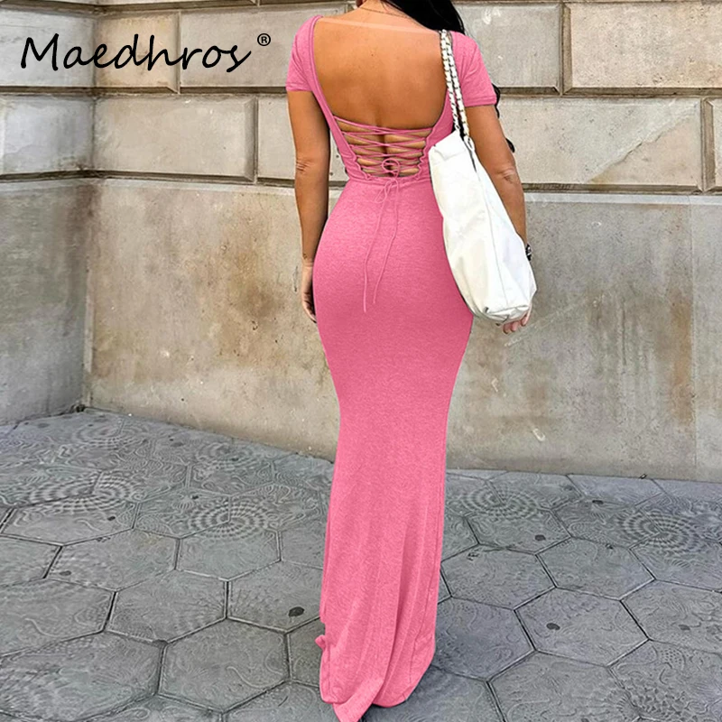 

Solid O Neck Short Sleeve Backless Sexy Lace-up Bodycon Female Maxi Dress Women Fashion Spring Outfits Party Nightclub Dress