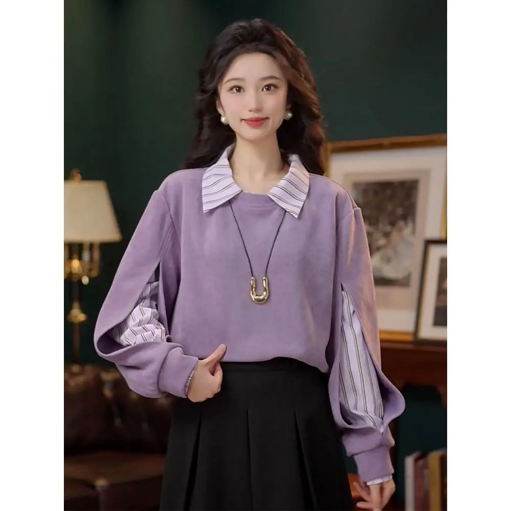 

Women's Spring Fall Vintage Purple Patchwork Polo Sweatshirts Lady Casual Personality Long Sleeve Pullover Stripe Tops Female