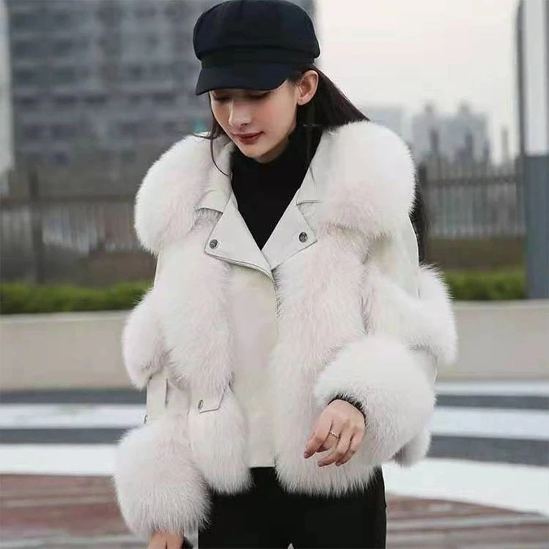 Natural Fox Fur Leather Jacket Women Spring New Luxury Fashion Tops Warm 2023 Thick Fox Fur Jacket with Artificial Fur Coat