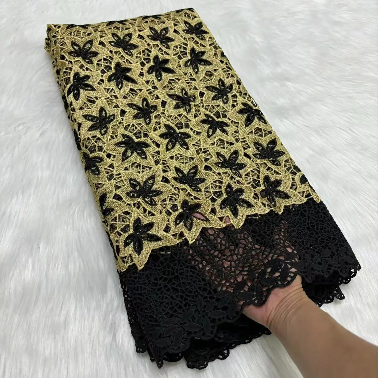 

African Lace Fabric Guipure Embroidery Lace Gold And Black Cord French Lace Fabrics For Party Dress 5 Yards