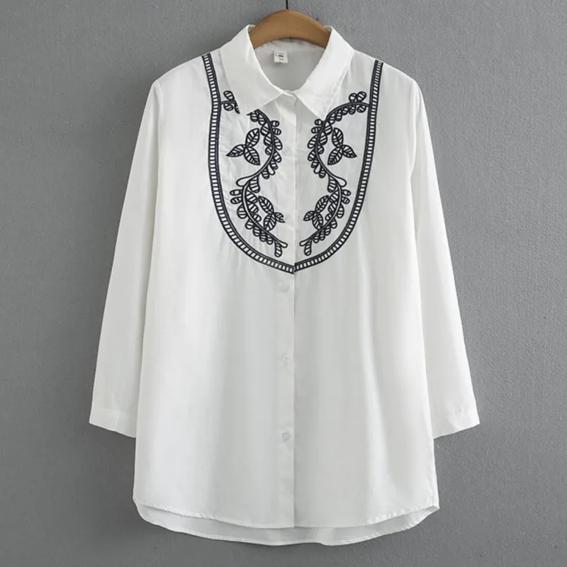 

2023 Autumn Plus Size Women Shirt Art Style Embroidery Long Sleeve Cotton Tops Loose Mid-Length Blouses Oversized Curve Clothes