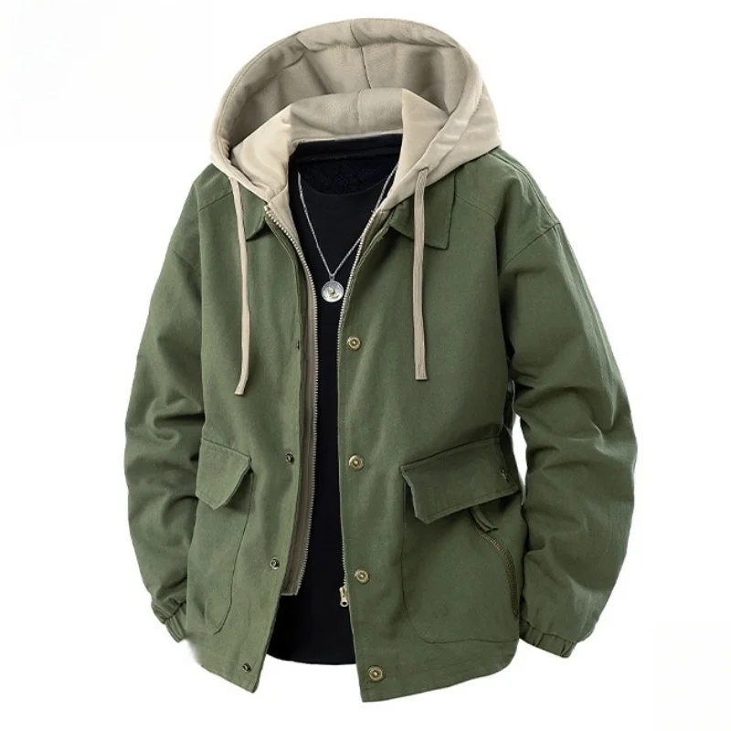 

Мужская куртка-худи в американском стиле, повседневная рабочая одежда, свободный крой, контрастные цвета, осенне-зимняя верхняя одежда, ветрозащитная, на молнии