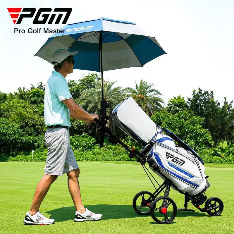 PGM Golf Three Wheel Bag Handcart with Brakes, Foldable Storage Bag, Umbrella Frame, Water Cup Holder with Seats